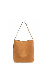 Sac à bandoulière en cuir tan avec une texture lisse et mate. Présente une seule sangle, un design minimaliste et un logo subtil embossé à l'avant.