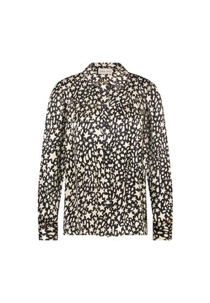 Button-up blouse in lightweight fabric, featuring a black and cream abstract pattern, long sleeves, and a relaxed fit.