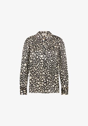 Knopenblouse van lichtgewicht stof, met een zwart en crèmekleurig abstract patroon, lange mouwen en een ontspannen pasvorm.