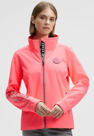Pink zip-up jacket with high collar, featuring a round logo and print on the sleeve. Made of smooth, lightweight material.