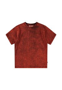 Rød tekstureret T-shirt med korte ærmer og rund hals. Har et slidt mønster og et lille mærkeklæde på side-sømmen.