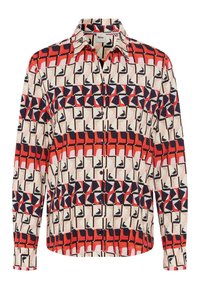Camicia a maniche lunghe con bottoni in tessuto leggero. Presenta un motivo geometrico colorato con tonalità di rosso, nero e crema. Design del colletto classico.
