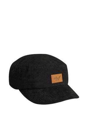 Black corduroy flat-top cap with short curved brim and tan leather patch stitched on the front with brand name embossed.