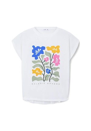 T-shirt bianco a maniche corte con stampa floreale in blu, rosa e giallo, accompagnata da foglie verdi e il testo "GALERIE BOHÈME" in basso.