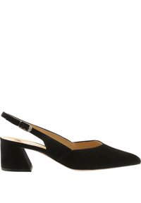 Chaussure slingback en daim noir avec un bout pointu et un petit talon bloc angulaire. Elle dispose d'une sangle à boucle ajustable et d'une doublure intérieure lisse.