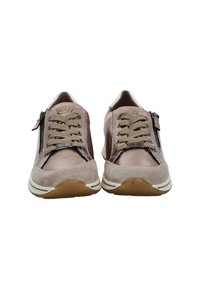 Pair of taupe casual sneakers with beige laces, side zippers, and white soles with brown tread, shown from the front on white background.
