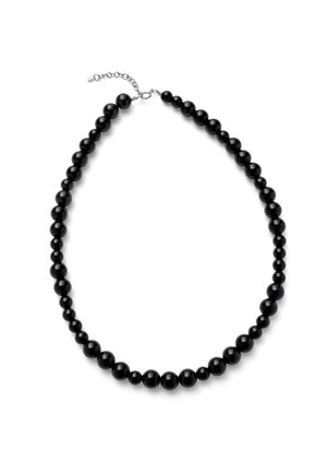 Juodas apvalus karoliukas karoliai su skirtingo dydžio karoliukais ir sidabrine reguliuojama grandinėlės sagtimi ant balto fono.