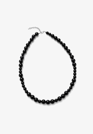 Collier de perles rondes noires de tailles graduées avec une chaîne réglable en argent et un fermoir, sur fond blanc.
