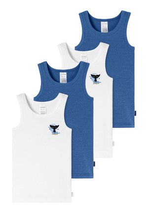 Cztery dziecięce bezrękawniki, dwa białe z wzorami ogona wieloryba i dwa w jednolitym niebieskim kolorze, ułożone na sobie na białym tle.