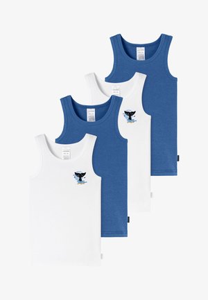 Cztery dziecięce bezrękawniki, dwa białe z wzorami ogona wieloryba i dwa w jednolitym niebieskim kolorze, ułożone na sobie na białym tle.