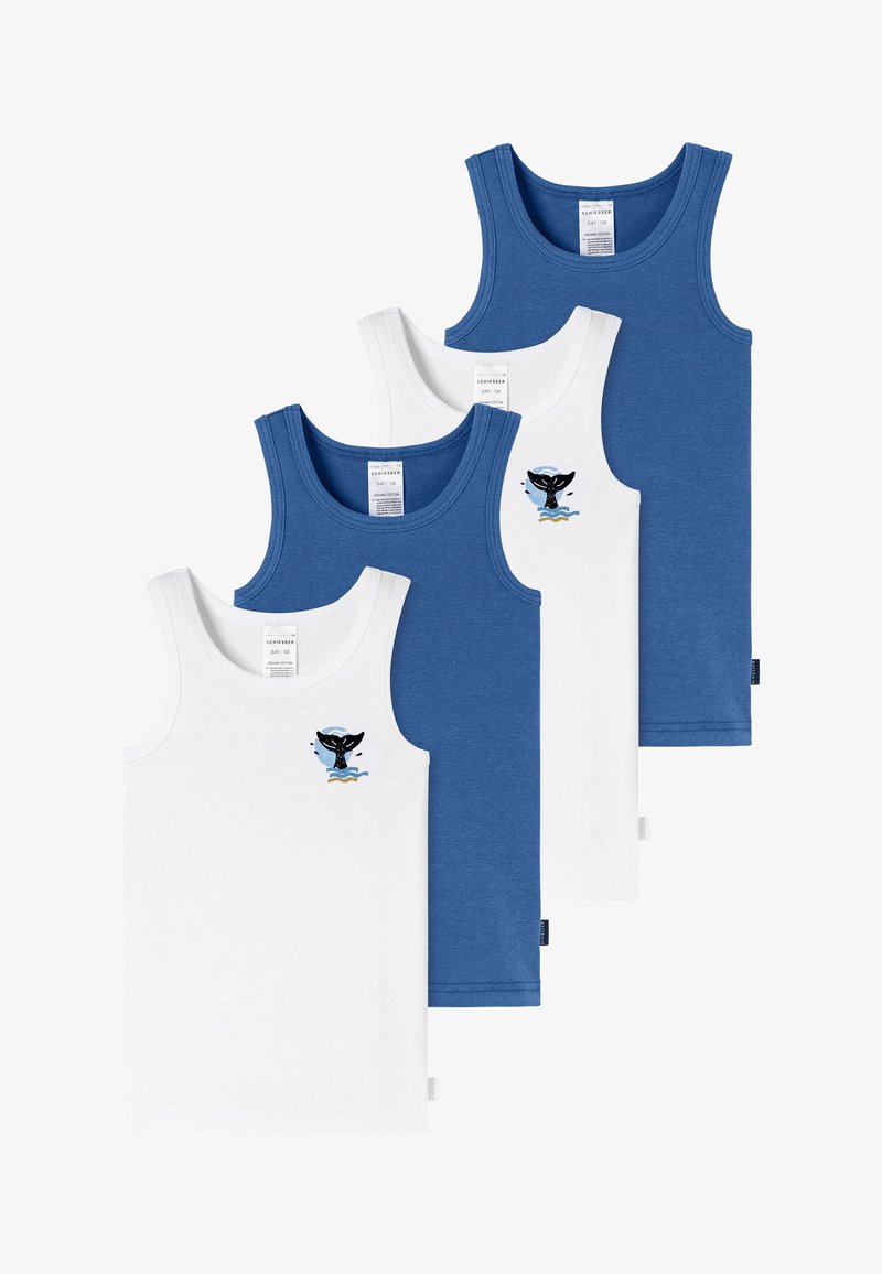 Quatre débardeurs pour enfants, deux blancs avec des motifs de queue de baleine et deux bleus unis, disposés en chevauchement sur un fond blanc.