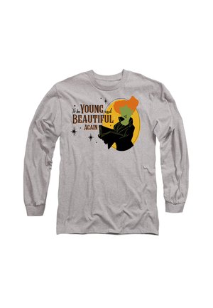 Gray long-sleeve t-shirt featuring a graphic of a green-skinned figure with orange hair, black jacket, and text in brown and black fonts.