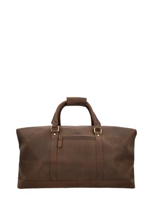 Pruun nahast spordikott kahe käepidemega, ees lukuga tasku ja õmmeldud vertikaalsete rihmadega valgel taustal.