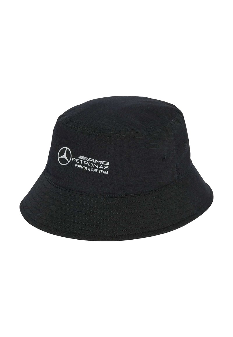 Black bucket hat made of lightweight material, featuring a stitched brim and printed white branding: "AMG PETRONAS Formula One Team."