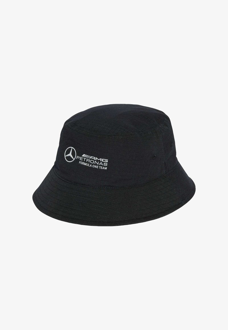 Black bucket hat made of lightweight material, featuring a stitched brim and printed white branding: "AMG PETRONAS Formula One Team."