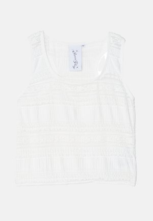 Vit ärmlös topp i texturerad tyg med horisontella randmönster. Justerbara axelband och rund halsringning med detaljerad sömnad.