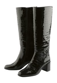 Black knee-high boots featuring a glossy, crocodile pattern with a square toe and a block heel. Side zipper detail for easy wear.