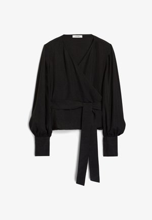 Black wrap blouse made of lightweight fabric, featuring long puff sleeves and a tied belt at the waist for an adjustable fit.