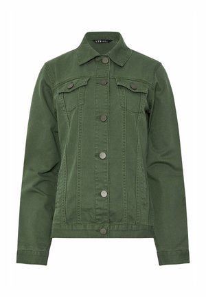 Zielona kurtka dżinsowa z zapięciem na guziki, dwoma kieszeniami na piersi z klapkami na guziki, kołnierzem i długimi rękawami.