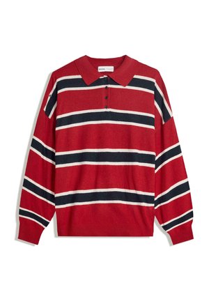 Red striped sweater with a polo collar, featuring horizontal navy and white stripes, long sleeves, and three front buttons. Soft texture.
