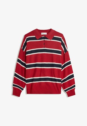 Rot gestreiften Pullover mit Polokragen, der horizontale navy und weiße Streifen, lange Ärmel und drei vordere Knöpfe aufweist. Weicher Stoff.