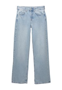 Světle modré džíny s širokým střihem, obsahující zapínání na knoflík a zip, pět kapes a minimální detaily šití.