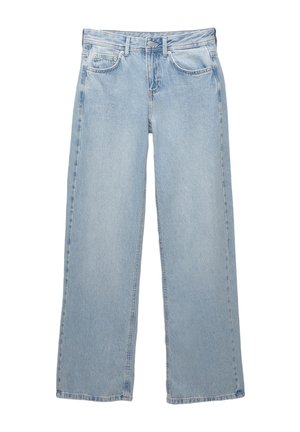 Light blue denim jeans with a wide-leg design, featuring a button and zipper closure, five pockets, and minimal stitching details.