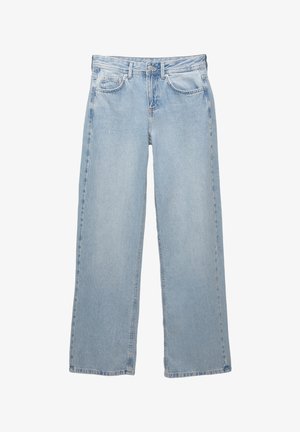 Lichtblauwe denim jeans met een wijdere pijpdesign, voorzien van een knoop- en ritsluiting, vijf zakken en minimale stikseldetails.