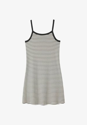 Robe blanche sans manches avec de fines rayures horizontales noires et une bordure noire le long de l'encolure et des bretelles.