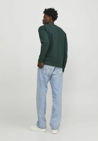 Sudadera verde con puños y dobladillo acanalados, combinada con jeans de mezclilla azul claro. El modelo se encuentra de espaldas a la cámara, usando zapatillas blancas.