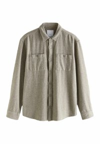 Light gray, herringbone-patterned shirt made of textured fabric. Features a pointed collar, long sleeves, and two chest pockets with buttons.