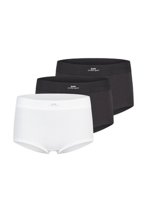 Drei nahtlose Baumwoll-Sportshorts in Weiß und Schwarz mit elastischen Bund, aufeinander gestapelt vor weißem Hintergrund.