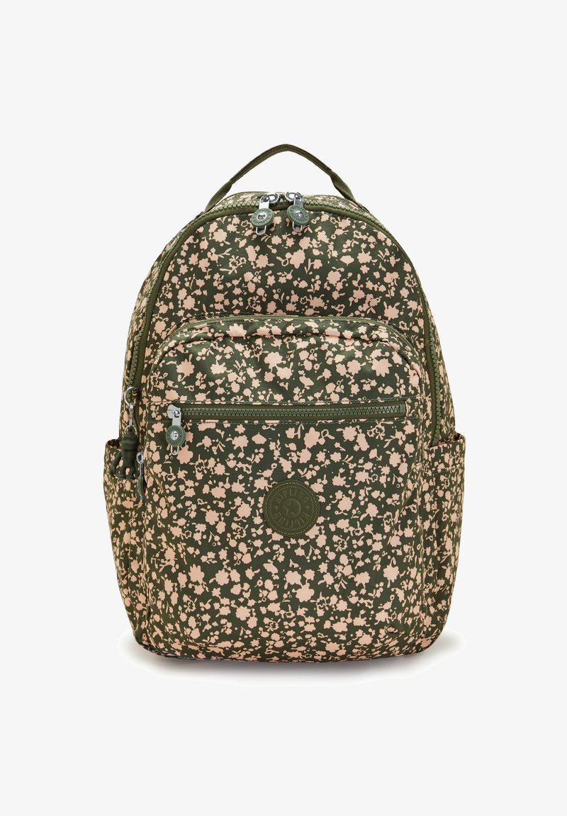 Blumen-Rucksack, grüner Stoff mit pinkfarbenen Blumen, zwei Reißverschlusstaschen, seitliche Netzside, runde Form, Tragegriff oben, strapazierfähiges Material.