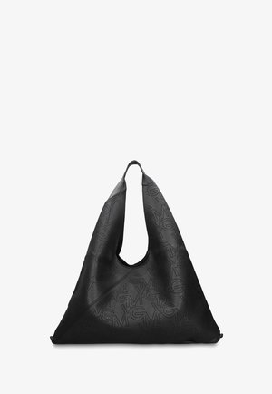 Zwarte leren driezijdige draagtas met een gestructureerd oppervlak, geperforeerd geometrisch patroon en brede handgrepen.