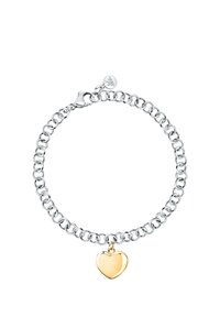 Bracciale in argento con link interconnessi e un charm a forma di cuore in oro lucido. Include un pratico moschettone e un tag con logo.