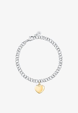 Bracciale in argento con link interconnessi e un charm a forma di cuore in oro lucido. Include un pratico moschettone e un tag con logo.