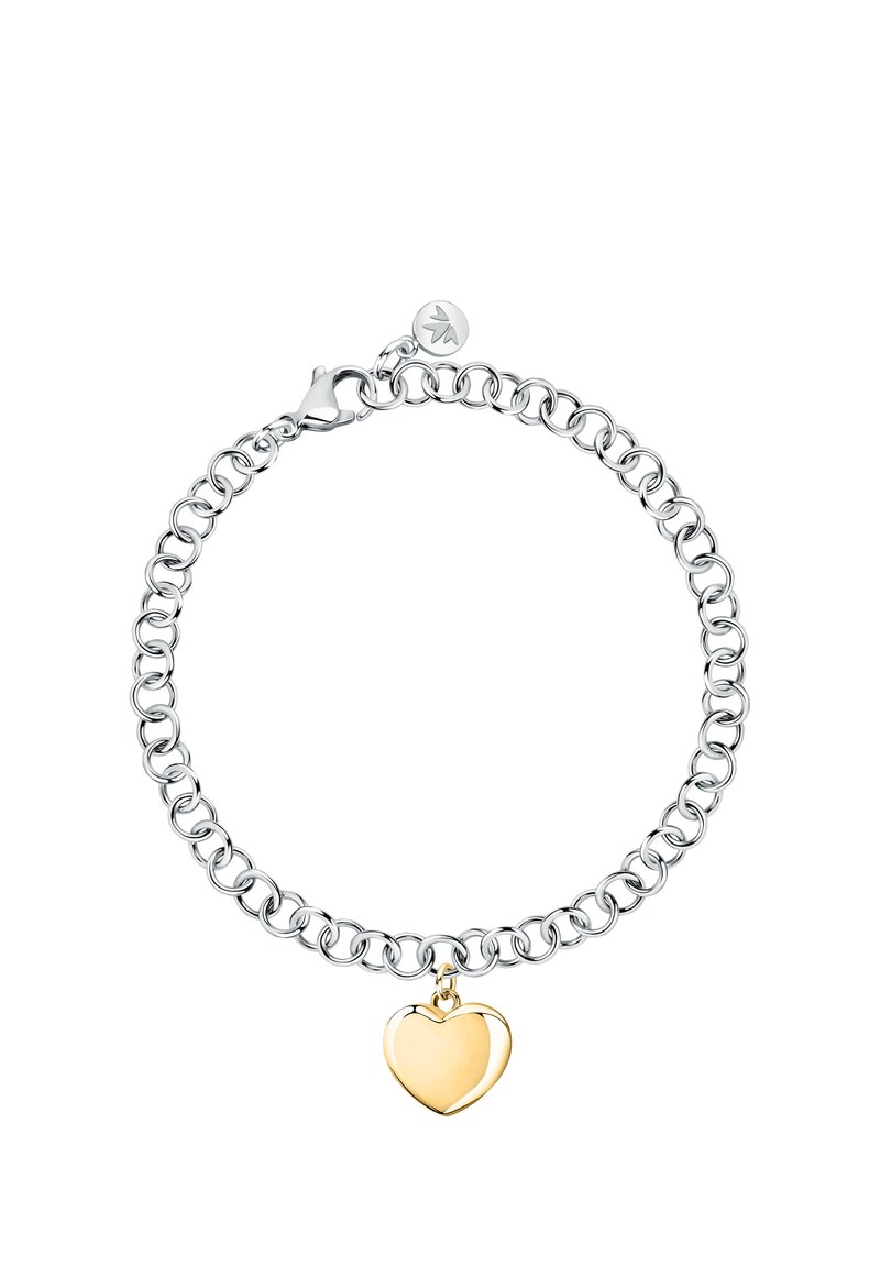 Bracciale in argento con link interconnessi e un charm a forma di cuore in oro lucido. Include un pratico moschettone e un tag con logo.