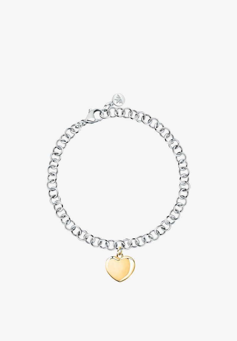 Bracciale in argento con link interconnessi e un charm a forma di cuore in oro lucido. Include un pratico moschettone e un tag con logo.