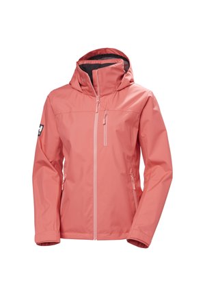 Waterdichte hoodie jas in koraalroze, met ritszakken aan de voorkant en op de borst, en verstelbare polssluitingen, ontworpen voor gebruik buitenshuis.