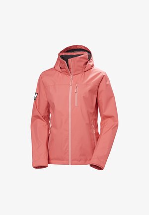 Waterdichte hoodie jas in koraalroze, met ritszakken aan de voorkant en op de borst, en verstelbare polssluitingen, ontworpen voor gebruik buitenshuis.