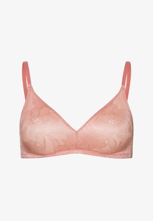 Jasnoróżowy biustonosz w kwiatowy wzór, wykonany z miękkiego materiału, z trójkątnymi miseczkami i regulowanymi ramiączkami. Gładka faktura i bezszwowe krawędzie dla komfortu.