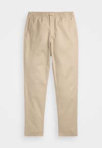 Beiget puuvillahousut, joissa on joustava vyötärönauha, etutaskut ja nappikiinnitys. Sileä pinta ja suoralahkeinen malli.