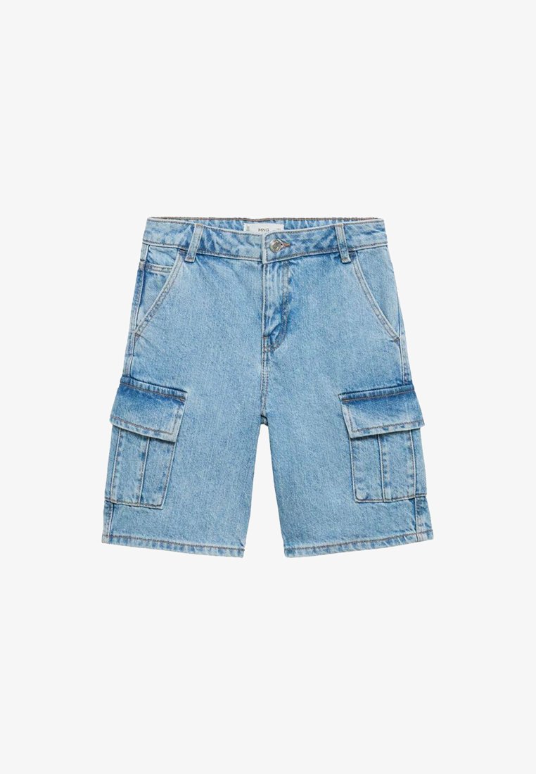 Light blue denim cargo shorts with two side pockets and a waistband featuring a metal button and zipper. Medium length with classic stitching.