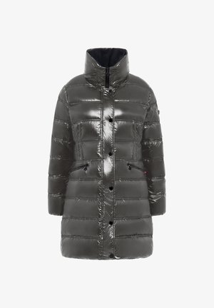 Kurtka puchowa, błyszczący ciemnoszary nylon, wysoki kołnierz, z przodu zapięcie na guziki i suwak, dwie boczne kieszenie na suwak, poziomy wzór pikowania.