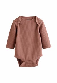 Body roz, cu mâneci lungi, din material ribat, cu închidere cu capse în partea de jos. Material moale, cu decolteu rotund și o textură subtilă.