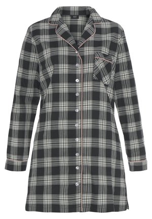 Karierte Baumwollpyjamabluse mit schwarz, creamfarbenen und roten Akzenten, langen Ärmeln, einem eingeschnittenen Kragen und einer Brusttasche mit Knopfverschluss.