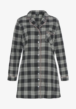 Karierte Baumwollpyjamabluse mit schwarz, creamfarbenen und roten Akzenten, langen Ärmeln, einem eingeschnittenen Kragen und einer Brusttasche mit Knopfverschluss.