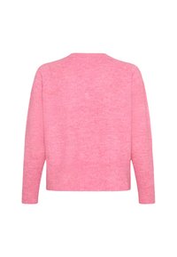 Rozā adīta džemperis, apaļa kakla izgriezums, garas piedurknes, mīksta tekstūra, ribota apakšmala un piedurknes, vienkrāsains, izstrādāts bez redzamām šuvēm aizmugurē.