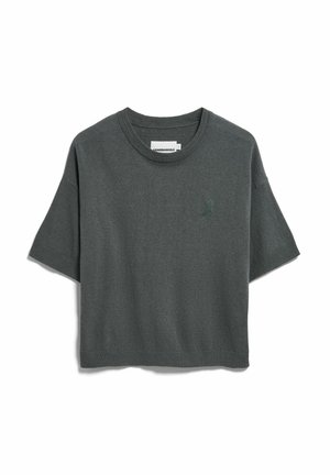 Dunkelgrauer kurzärmeliger Strickpullover mit geripptem Rundhalsausschnitt, Bündchen und Saum, mit einem kleinen gestickten Logo auf der linken Brust.