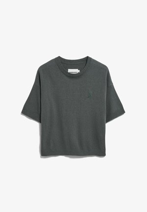 Donkergrijze kortermige gebreide trui met geribde ronde hals, manchetten en zoom, voorzien van een klein geborduurd logo op de linkerborst.